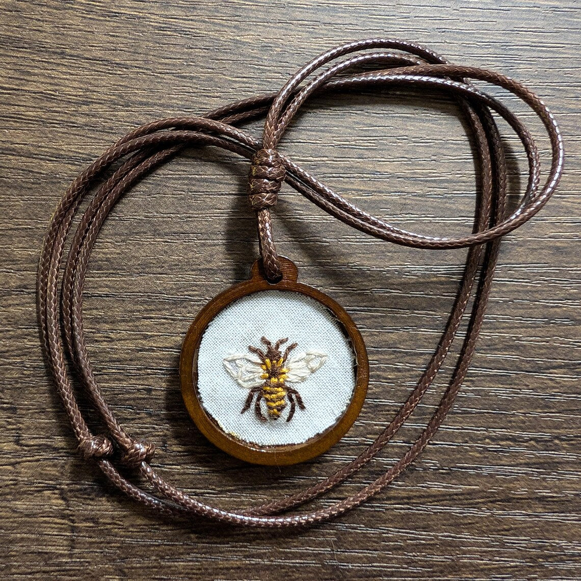 Embroidered Honeybee Pendant | Wooden Necklace | Gifts for Witches, Wizards, Druids, and Fae