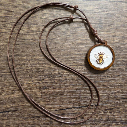 Embroidered Honeybee Pendant | Wooden Necklace | Gifts for Witches, Wizards, Druids, and Fae