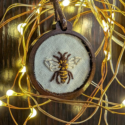 Embroidered Honeybee Pendant | Wooden Necklace | Gifts for Witches, Wizards, Druids, and Fae