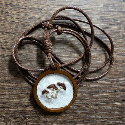 Embroidered Brown Cap Mushroom Pendant | Wooden Necklace | Gifts for Witches, Wizards, Druids, and Fae