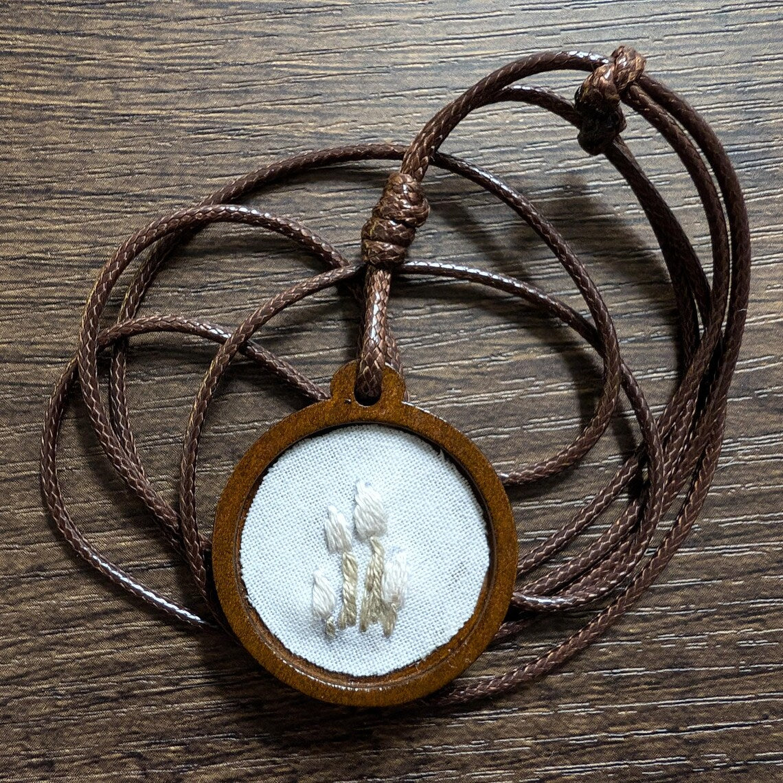 Embroidered White Cap Mushroom Pendant | Wooden Necklace | Gifts for Witches, Wizards, Druids, and Fae