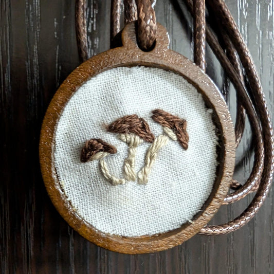 Embroidered Brown Cap Mushroom Pendant | Wooden Necklace | Gifts for Witches, Wizards, Druids, and Fae