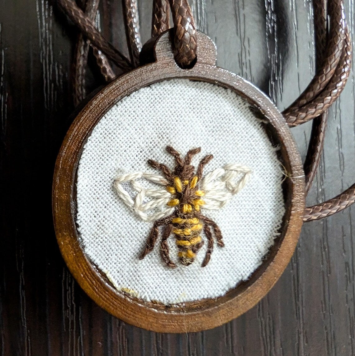 Embroidered Honeybee Pendant | Wooden Necklace | Gifts for Witches, Wizards, Druids, and Fae