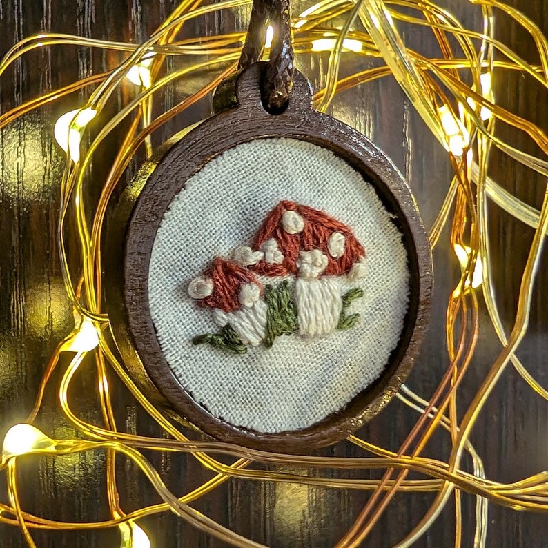 Embroidered Red Cap Mushroom Pendant | Wooden Necklace | Gifts for Witches, Wizards, Druids, and Fae