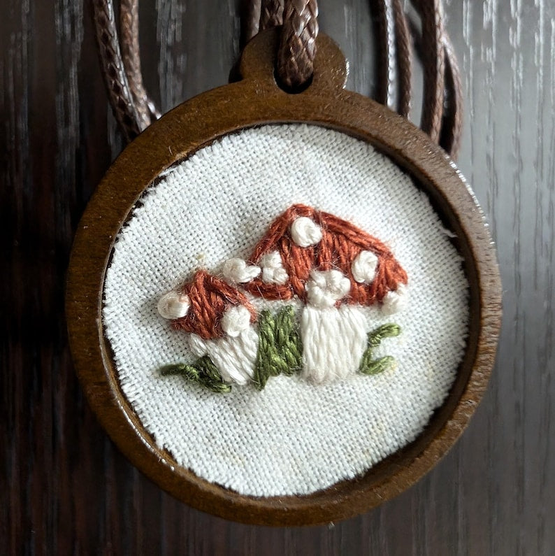 Embroidered Red Cap Mushroom Pendant | Wooden Necklace | Gifts for Witches, Wizards, Druids, and Fae