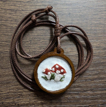 Embroidered Red Cap Mushroom Pendant | Wooden Necklace | Gifts for Witches, Wizards, Druids, and Fae