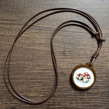 Embroidered Red Cap Mushroom Pendant | Wooden Necklace | Gifts for Witches, Wizards, Druids, and Fae